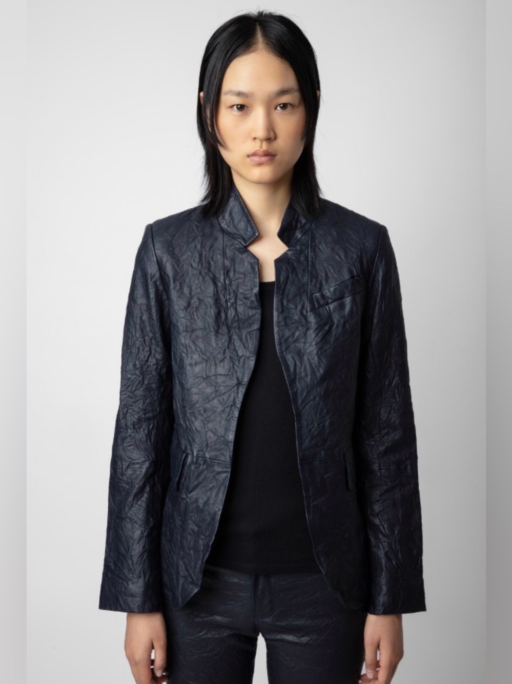 Zadig & Voltaire Very Cuir Froissé Blue Leather Open-Front Jacket. Size 36